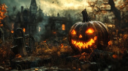 Naklejka premium Pumpkin zombie rising out of graveyard cemetery