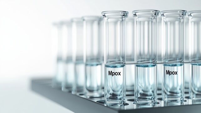 Close-up view of test tubes labeled 'Mpox' in a laboratory setting. Scientific analysis related to monkeypox and virus testing.