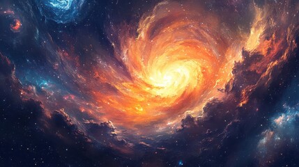 Obraz premium A colorful galaxy with a spiral in the middle. The spiral is orange and yellow. The sky is filled with clouds and stars