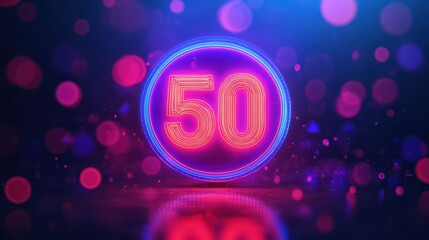 Sale and discount illuminated in neon light design for business banner symbolizing shop bright offers with glowing 50 percent signs electric night ambiance background off special retro marketing price