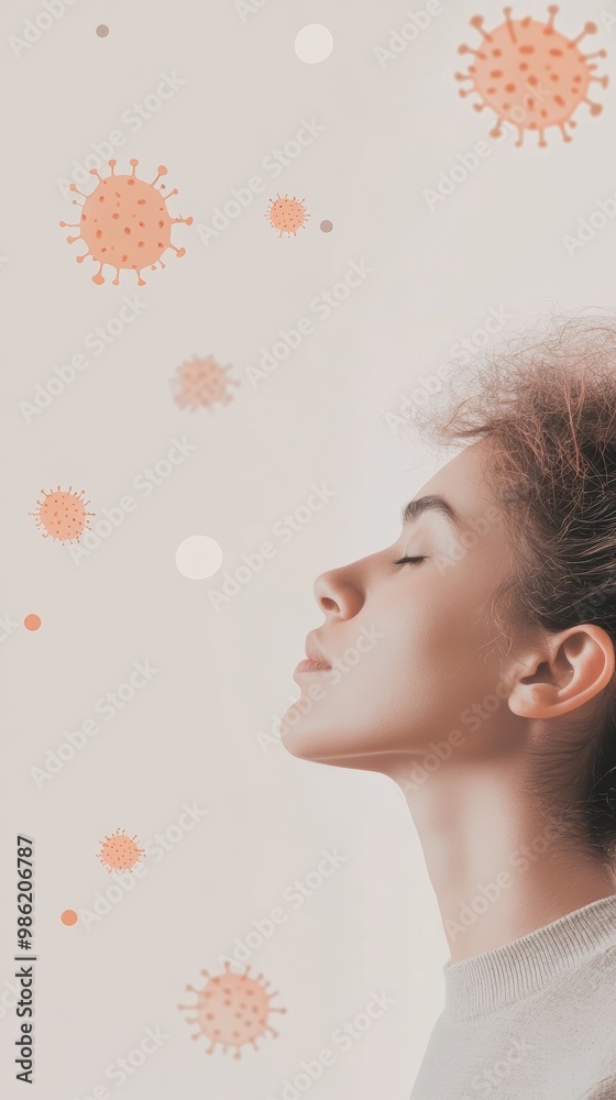 Poster profile of woman with eyes closed surrounded by floating viral particles. artistic representation of