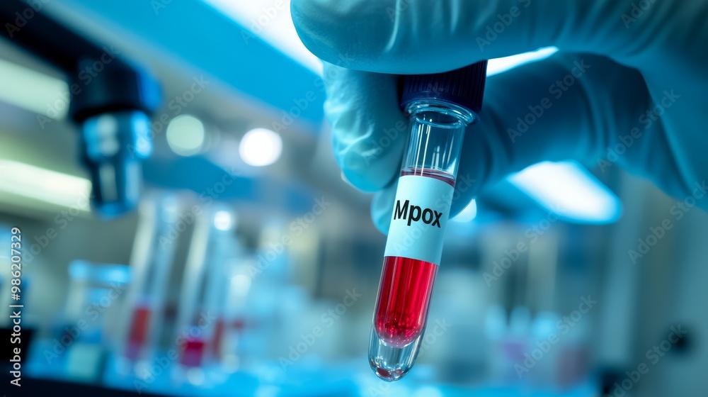 Poster gloved hand holding 'mpox' vial representing testing and diagnosis for monkeypox during the outbreak