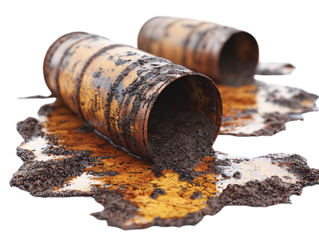 Chemical barrels leaking into soil, isolated on white background, clip art style