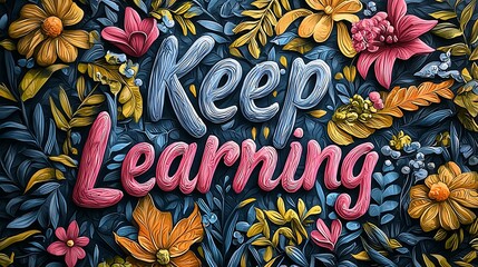 Vibrant floral backdrop featuring an inspirational Keep Learning text, emphasizing the importance of continuous self-improvement and growth.