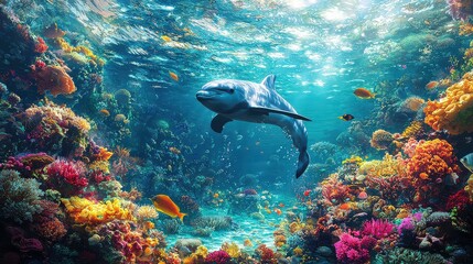Fototapeta premium A dolphin swims through a colorful coral reef. The scene is vibrant and lively, with a variety of fish swimming around the dolphin. Concept of freedom and joy