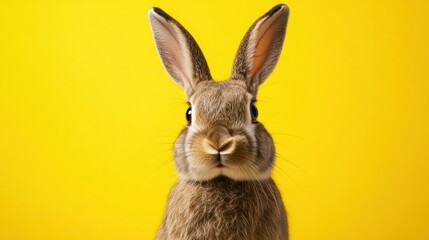 Fototapeta premium Surprised bunny against a vivid yellow background, perfect for Easter promotions, pet care advertising, or vibrant spring-themed graphics. Copy space for text. Easter sale, discount.