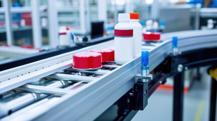 Fototapeta premium image showcases modern production line with focus on white bottle among red caps, symbolizing efficiency and precision in manufacturing