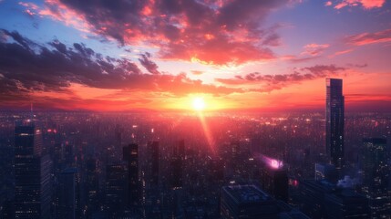 The breathtaking sight of the rising sun illuminating the sky and the city s skyline offers an incredibly stunning view at dawn