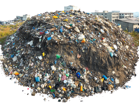 Landfill covered with trash, isolated on white background, clip art style