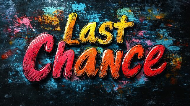 Brightly colored 'Last Chance' text stands out on a dark, splattered paint background, conveying the urgency of a final opportunity or last call for action.