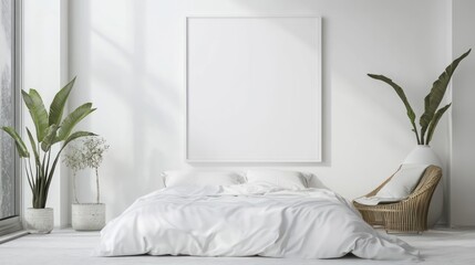 White bedroom interior with bed, chair, plants, and a large blank frame hanging on the wall.