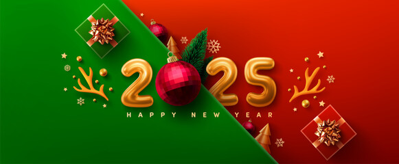 Happy New Year 2025 and banner featuring Christmas decorations,golden numbers,red ornaments,gift boxes and reindeer antlers.Ideal for holiday greetings,perfect for celebrating new year and Christmas