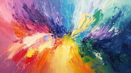 Vibrant and dynamic, this abstract painting boasts a rough texture and an explosion of multicolored rainbow hues.