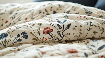 A close-up of floral bedding with a white and blue pattern duvet cover exudes a calm, classic charm.