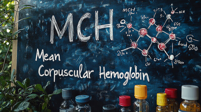 A depiction of Mean Corpuscular Hemoglobin (MCH) with a molecular structure drawing on a chalkboard and chemical bottles, intertwining science and creativity visually.