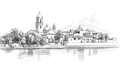 Fototapeta premium Estel, Nicaragua, black and white pen pencil hand-drawn effect drawing illustration for travel poster, card, wallpaper, backdrop or banner. Modern, clear, artistic and simple