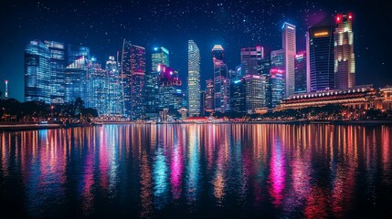 Naklejka premium City Skyline at Night with Reflections and Illuminated Skyscrapers
