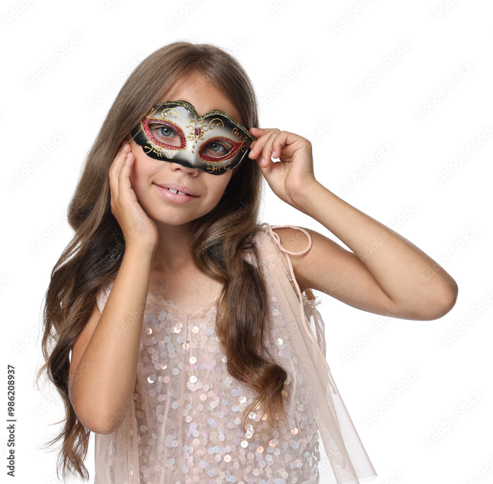 Wall mural Cute girl wearing carnival mask on white background