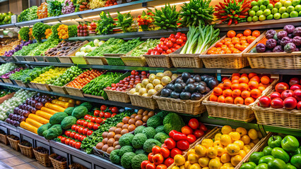 Obraz premium Vibrant display of fresh fruits and vegetables in a supermarket , colorful, fresh, vibrant, produce, healthy, organic
