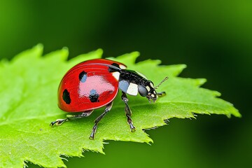 A close-up of a ladybug on a green leaf, adding a pop of color in a natural setting
