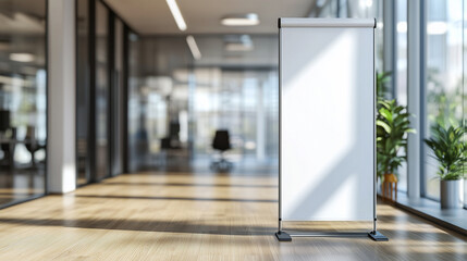 Empty Roll-Up Standee Banner in Modern Office Setting: Perfect Mockup for Corporate Branding, Advertising, and Promotions - Showcase Your Message in a Stylish, Professional Environment.