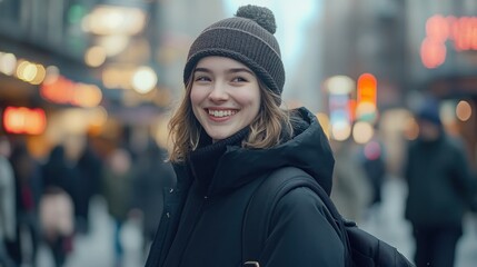 Fototapeta premium Young woman smiling in a city with blurred lights in the background.