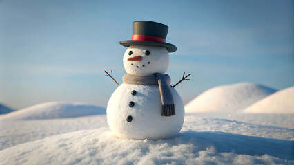 Obraz premium Snowman made of snow with simple black hat and scarf
