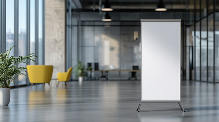 Empty Roll-Up Standee Banner in Modern Office Setting: Perfect Mockup for Corporate Branding, Advertising, and Promotions - Showcase Your Message in a Stylish, Professional Environment.