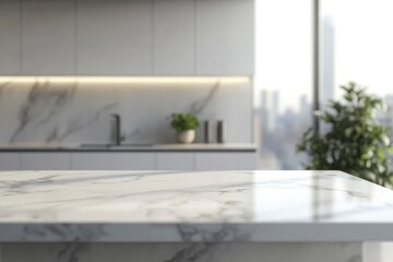 Mockup space on a luxury white marble tabletop with a blurred modern minimal white kitchen with generative ai