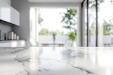 Fototapeta premium Mockup space on a luxury white marble tabletop with a blurred modern minimal white kitchen with generative ai