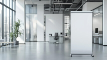 Empty Roll-Up Standee Banner in Modern Office Setting: Perfect Mockup for Corporate Branding, Advertising, and Promotions - Showcase Your Message in a Stylish, Professional Environment.
