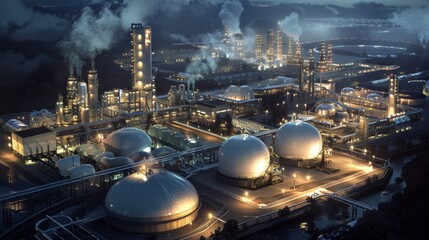 Obraz premium Illuminated Petrochemical Refinery Skyline at Night with Smokestacks and Steam