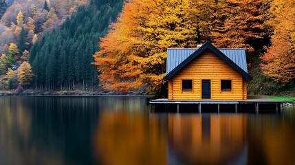 Fototapeta premium An autumn cabin, mirrored on a calm lake, is surrounded by the golden hues of fall, offering serenity and beauty.