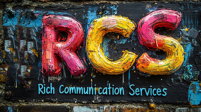 The image features a vibrant and colorful hand-painted sign with the initials 'RCS' and the full form 'Rich Communication Services' against a textured wall.