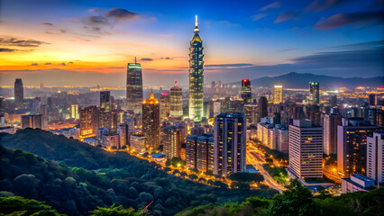 Obraz premium Taipei, Taiwan evening skyline featuring illuminated buildings and city lights, Taipei, Taiwan, skyline, evening