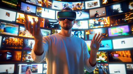 Male user navigating a digital world through VR headset and gestures. Surrounded by a virtual display of screens, experiencing advanced metaverse content in an immersive environment