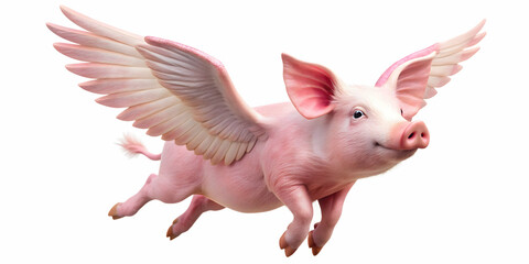 Pink flying pig with wings isolated on background, pig, flying, wings, pink, cute, cartoon, whimsical, fantasy, isolated