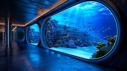 Naklejka premium An underwater view from a modern building corridor, merging sleek architecture with the serene beauty of aquatic life.
