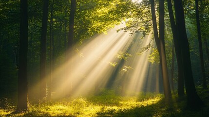 Obraz premium Sunlight Beams through a Dense Forest, illuminating the forest floor