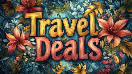 'Travel Deals' text surrounded by an eye-catching arrangement of flowers and foliage, showcasing a lush, nature-inspired theme appealing to nature adventurers. 161 chars.