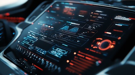 Obraz premium Futuristic Car Dashboard with Digital Interface and Illuminated Controls