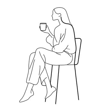 recommend clip art: Minimalistic line art of a woman sitting on a chair holding a cup, suitable for lifestyle, wellness, or modern design concepts.