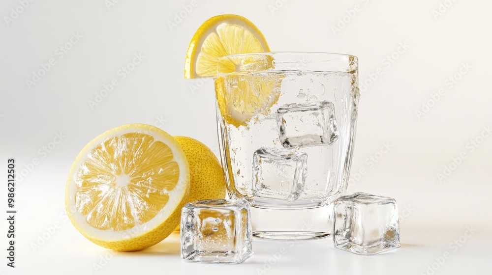 Poster a glass of chilled lemon water with ice cubes and a lemon slice garnish, placed on a white backgroun