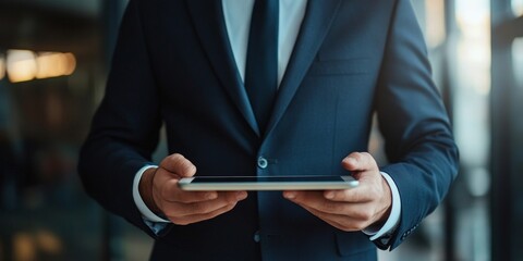 A professional man dressed in a suit holds a tablet in a modern office setting. The image captures a moment of focus and productivity. It showcases business technology in action. AI