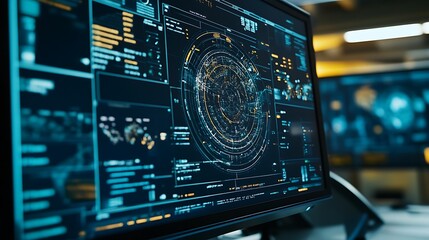 Obraz premium Close-up of a Computer Screen Displaying Futuristic Data and Graphics