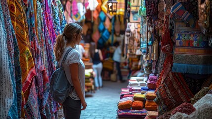 Obraz premium Solo Female Traveler Exploring Marrakech Market