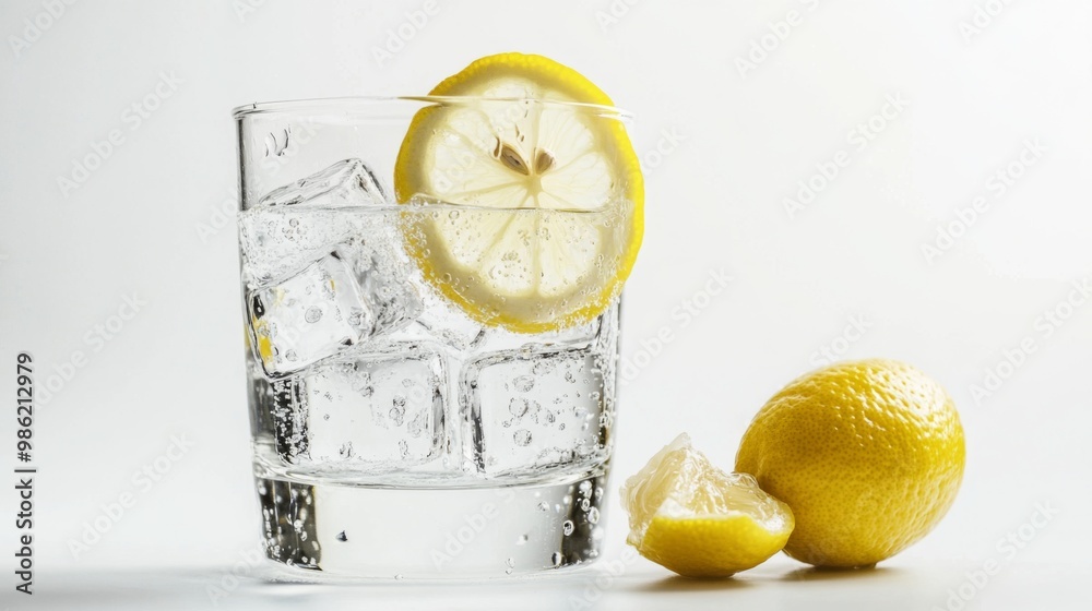 Aufkleber a glass of chilled lemon water with ice cubes and a lemon slice garnish, placed on a white backgroun