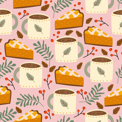 pie and hot chocolate autumn seamless pattern background illustration