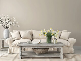 white daffodils in vase on table in living room
