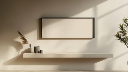 A sleek horizontal frame suspended on a beige wall, its neutral colors blending seamlessly into the minimalist aesthetic of the room.